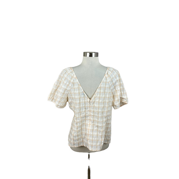 J Crew NEW Women's V Back Puff Sleeve Textured Plaid Top Blouse Size 12 - Picture 2 of 3